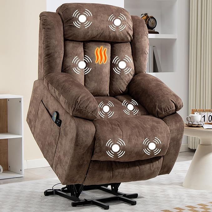 Power Lift Recliner Chair for Elderly Electric Recliner Chair with Massage and Heat Lift Recliner with Side Pocket &amp USB Charge Port for Living Room (Brown)