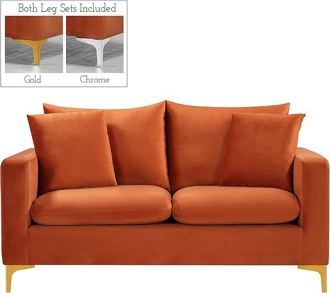 Meridian Furniture 633Cognac-L Naomi Collection Modern | Contemporary Velvet Upholstered Loveseat with Deep Channel Tufting and Rich Gold Stainless Steel Legs Cognac 58 W x 33.5 D x 30 H