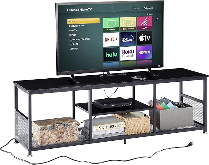 VECELO TV Stand with Power Outlets for Televisions up to 65Inch 55 Media Entertainment Center with Charging Station 3-Tier Open Storage Shelves with Metal Frame for Living Room/BedroomBlack