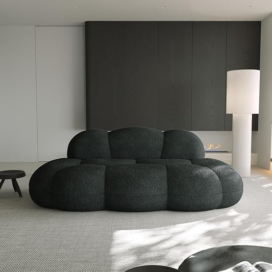 Modern Curved Sofa 3 Seater Soft Sherpa Upholstered Sofa Minimalist Style Comfy Cloud Couch for Living Room Apartment Black