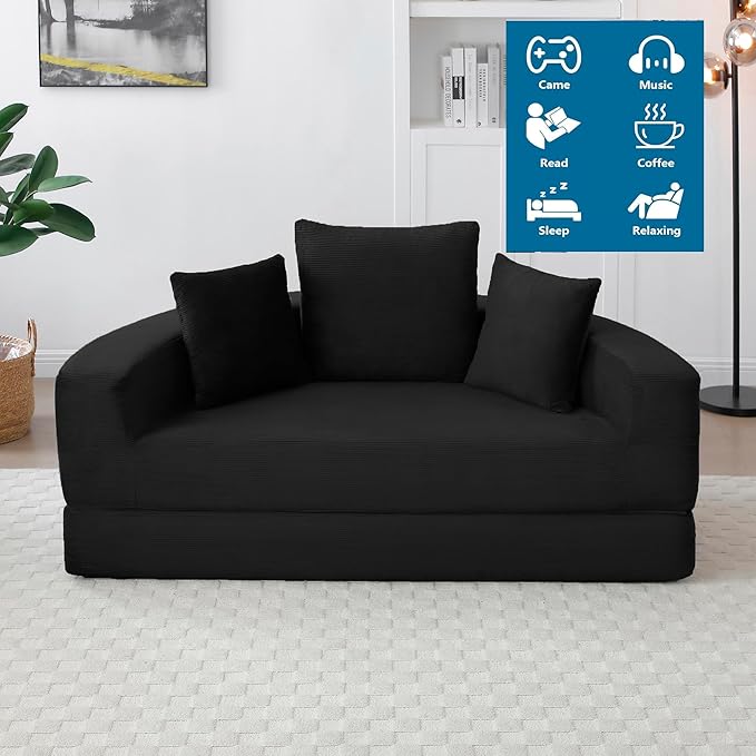 67 Round Convertible Folding Sofa Bed Boneless Couch Loveseat Floor Sleeper Chaise Lounge for Living Room Apartment Dorm Small Spaces Black