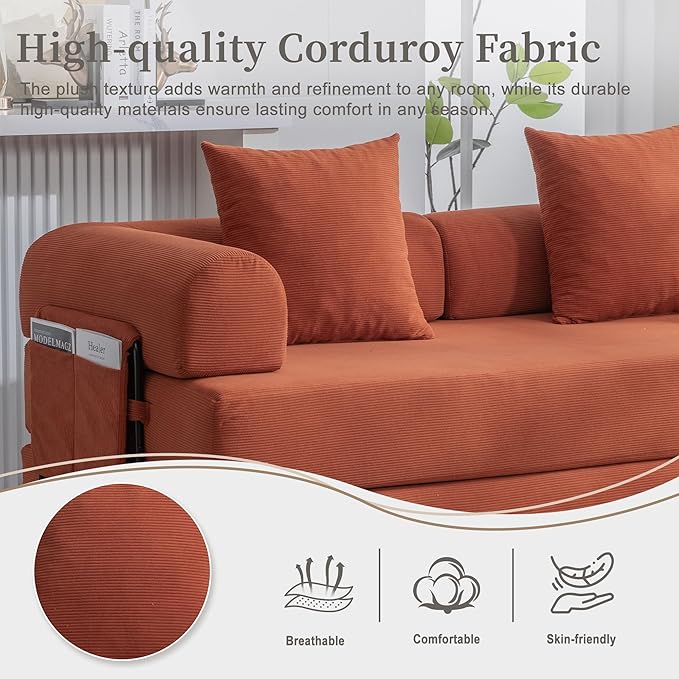 4‑in‑1 Convertible Sleeper Sofa Bed DIY Combination Floor Sofa Lounge Couch with Cylindrical Pillow Corduroy Futon Folding Mattress Couch for Apartment Bedroom Playroom Orange