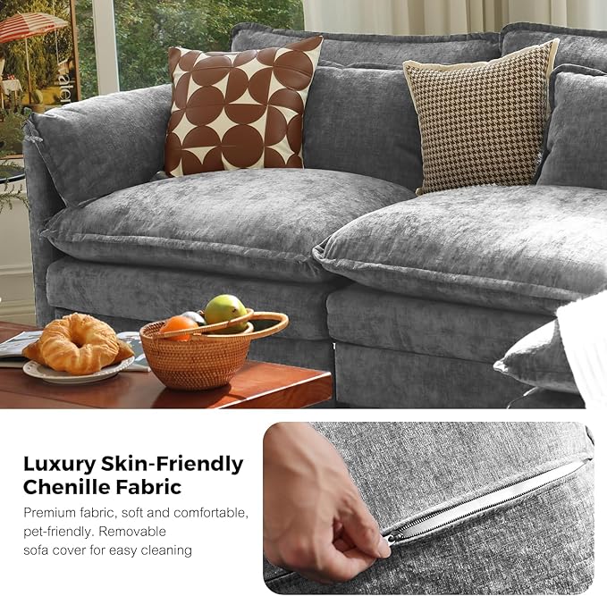 ELUCHANG 113 L Shaped Sectional Couch Comfy Cloud Modular Sectional Sofa with Movable Ottoman 4-Seat Deep Seat Modern Cloud Sofa Couches for Living Room Bedroom and Apartment Chenille Grey