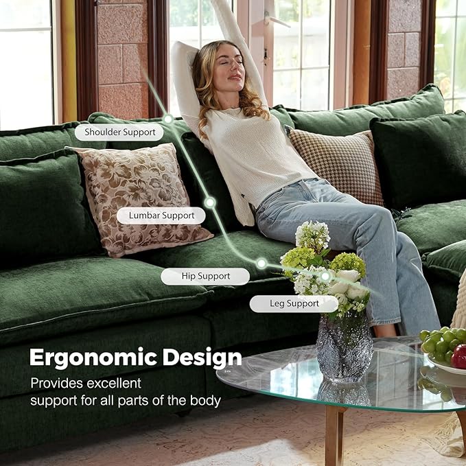 ELUCHANG 150 Oversized Modular Sectional Sofa Comfy U Shaped Cloud Couch with Removable Cover 6-Seat Deep Seat Modern Sofa Couches for Living Room Bedroom and Apartment Chenille Green
