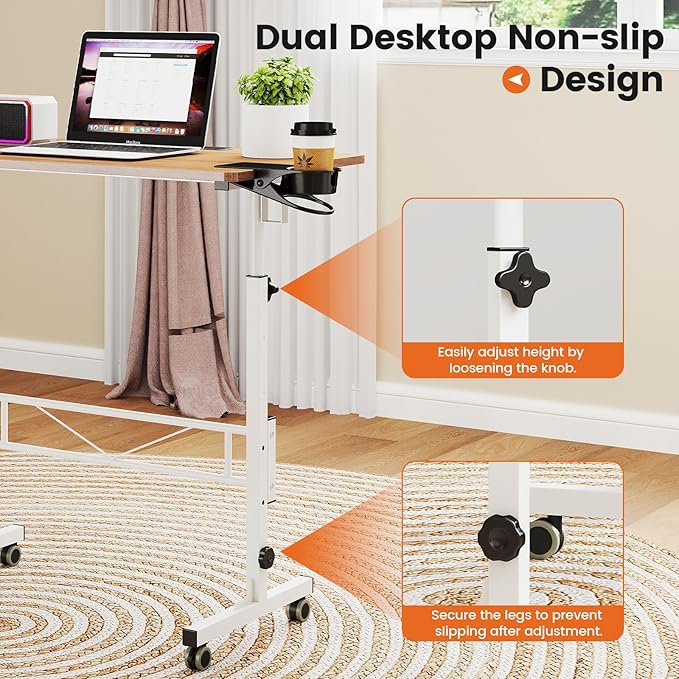 Hadulcet Portable Standing Desk Rolling Desk Adjustable Height Mobile Laptop Desk Small Stand Up Table with Wheels Walking Table for Treadmill Walking Pad Tall Computer Stand Oak