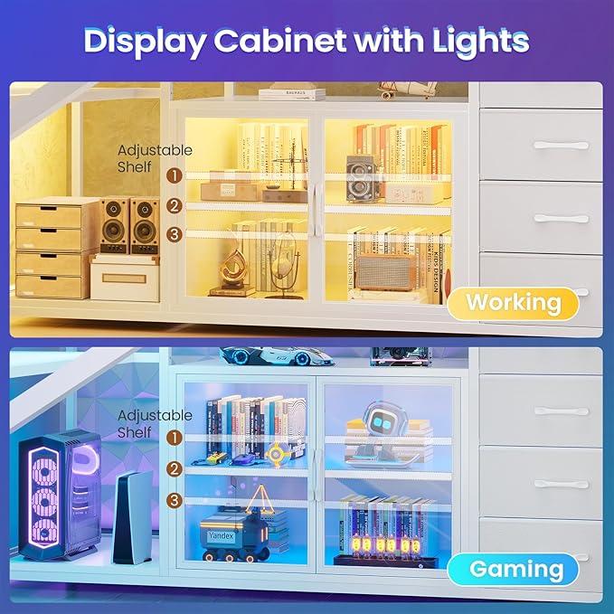 SEDETA L Shaped Gaming Desk 63 Lx27.6 W Computer Desk with 4 Drawers &amp Display Cabinet Executive Office Desk with Storage Shelves &amp LED Light for Home Office White