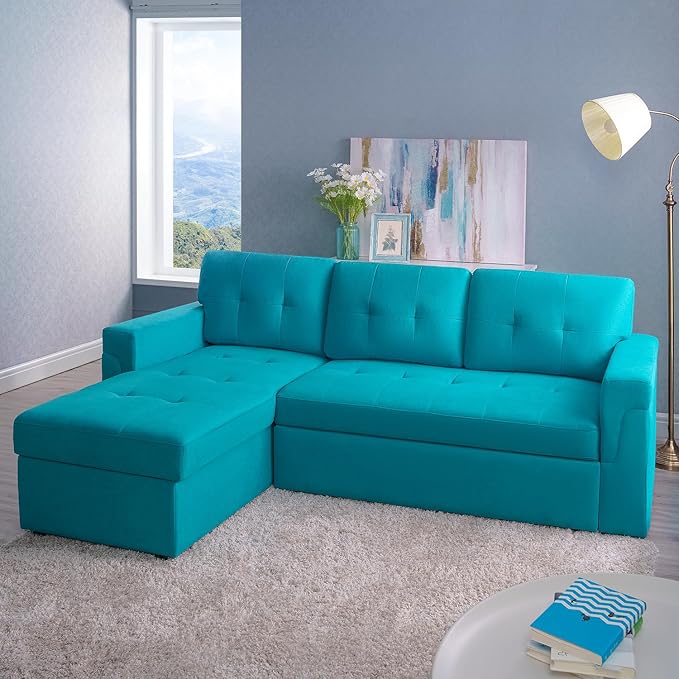 Naomi Home Teal Velvet Sectional Sleeper Sofa with Storage Reversible L-Shaped Pull-Out Couch 72x32x32 inches Jenny