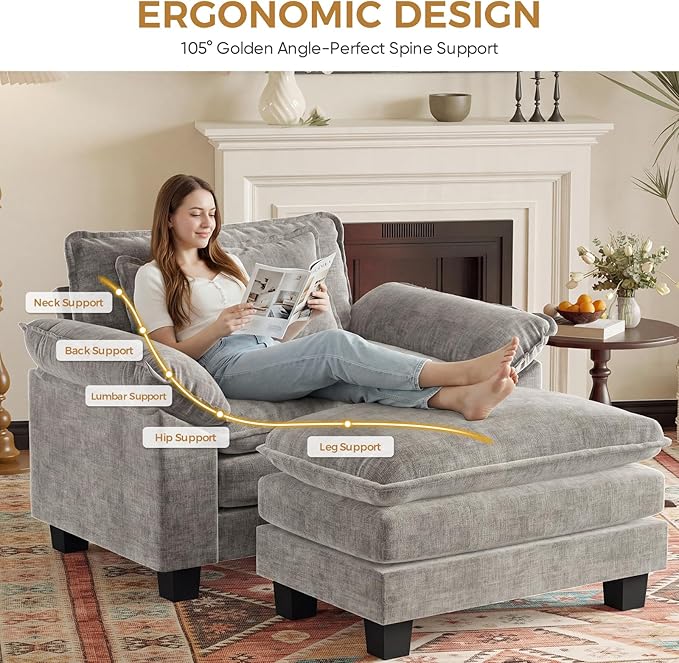 HUSFU 49.5'' Oversized Accent Chair with Ottoman Chenille Cloud Couch Chair with Deep Seat and Extra Wide Armrests Comfy Reading Armchair for Bedroom Living Room Set of 2 Gray