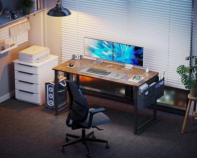 KKL Small Desk with Power Outlets and USB Port Computer Desk for Home Office Gaming Simple Modern Style Writing Desks with Storage Bag Headphone Hook 48 inch Rustic Brown