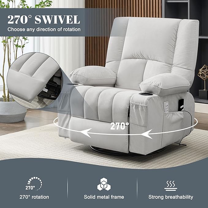 Oversized Recliner Chairs for Adults 270° Swivel Rocker Recliner with Heat and Massage Lazy Boy ReclinerRecliner Chairs Single Sofa Seat with Cup Holders (LightGreyElectric)