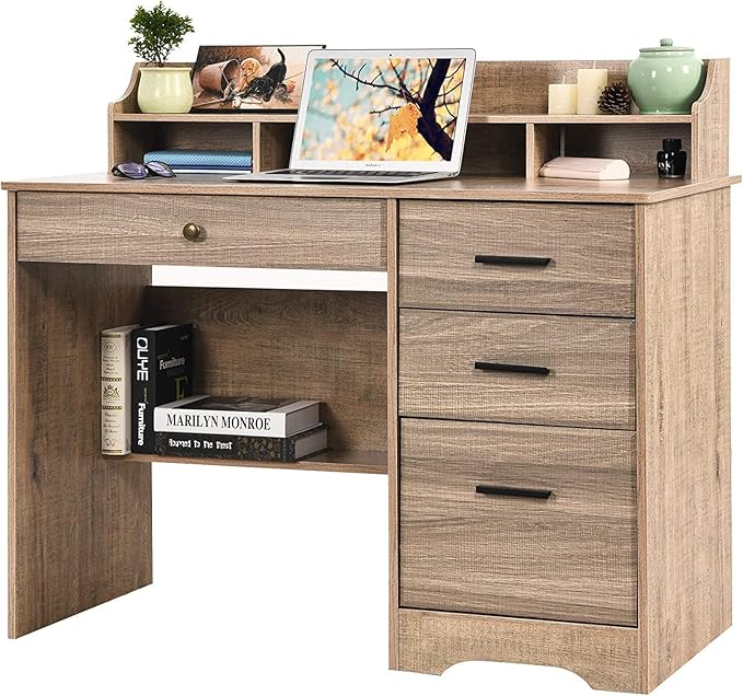 Catrimown Computer Desk with 4 Drawers and Hutch Wood Executive Desks with File Drawer and Shelves Small Desk Study Table for Bedroom Student Teen Writing Laptop Table Grey