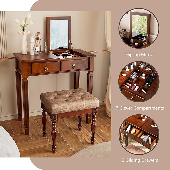 Makeup Vanity Desk Set with Flip Top Mirror 31.5 Wooden Vanity Table with Mirror Dressing Table with 2 Drawers &amp 7 Compartments Writing Desk with Padded Stool for Bedroom Cherry+Light Brown