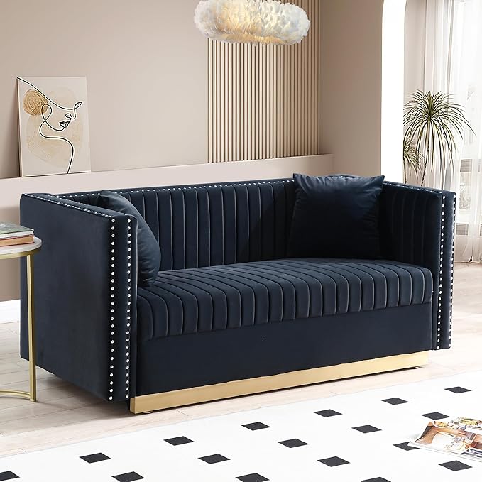 Modern Velvet Loveseat Sofa 61.4 Inch Vertical Channel Tufted Sofa Couch Luxury 2 Seater Couch with Gold Metal Legs for Living Room Bedroom Apartment Black