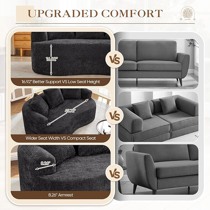 60 Curved Sectional Sofa for Small Spaces - Plush Chenille Modern Cloud Loveseat with Pocket Springs &amp Memory Foam Boneless Floor Couch for Living Room 27.6 Extra Deep Seat No Assembly (Black