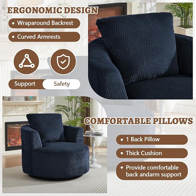 39.4 Wide Swivel Accent Chair Modern 360° Rotating Barrel Chair with Metal Base Club Single Sofa Chenille Armchair for Living Room Bedroom Reading Room Office (Dark Blue)