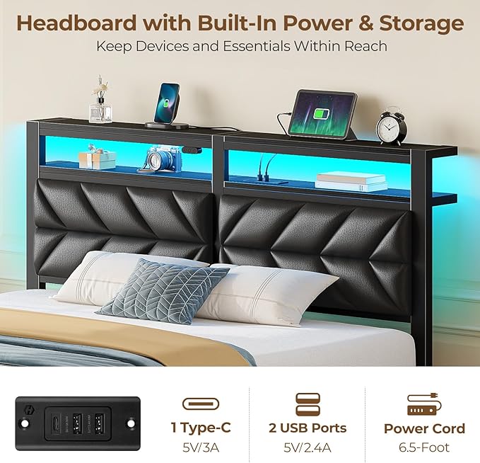 Seventable Queen Bed Frame with 4 Storage Drawers Charging Station &amp LED Lights Upholstered Headboard with 2-Tier Shelves Metal Platform Bed No Box Spring Needed Noise-Free Black