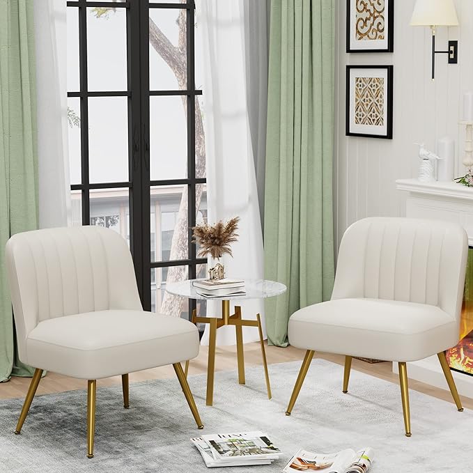 ALISH Faux Leather Accent Chairs Set of 2 Upholstered Living Room Chairs Modern Side Chairs Armless Chairs with Metal Legs (Beige Set of 2)