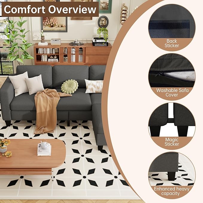 ZeeFu Sectional Sofa Couch with Storage Ottoman 78 L Shaped Modular 3 Seater Couches for Living Room Modern Linen Fabric Set for Small Space Apartment Office