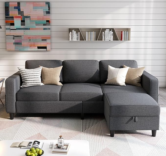 Sectional Sofas Couches for Living Room 78 L-Shaped Small Couch - Modern Linen Dark Grey Sofa with Storage Ottoman for Apartments Studios Home Offices Small Space
