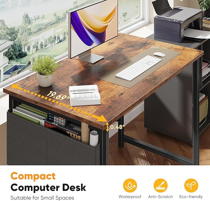 NEWBULIG 40 Inch Computer Desk Home Office Desks for Bedroom Writing Gaming Work Study Table with Storage Bag for Small Spaces Modern Workstation in Rustic Brown