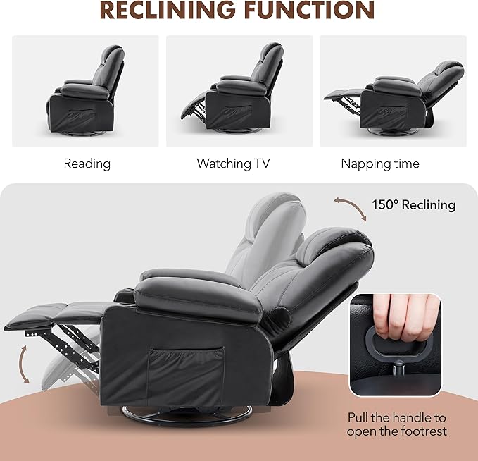 Oversized Swivel Rocker Recliner Chair with Heat and Massage 360 Degree Swivel Rocking Single Sofa with USB Port and Cup Holders Large Big Recliner Chair for Living Room(Leather Black)
