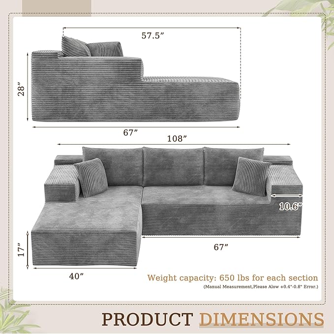 YESHOMY Boneless Couches for Living Room 108 Sectional Modular Sectional Sofa with Deep Seat Cloud Comfy Couch with L-Shape Chaise Easy Assembly (Corduroy Gray)