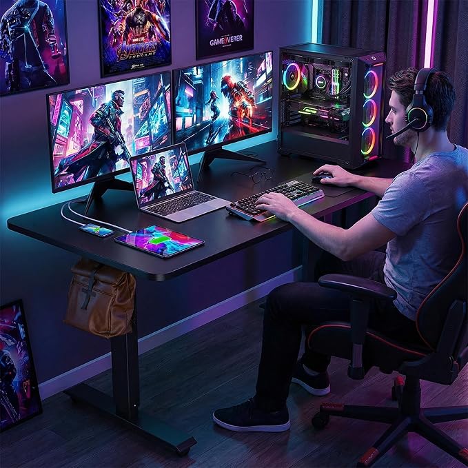 farexon Electric Standing Desk Adjustable Height 55 x 24 Inch Stand up Desk with Large Mouse Pad Rolling Wheels &amp Foot Pad27''-46'' Lifting Range Home Office Computer Desk(Black)