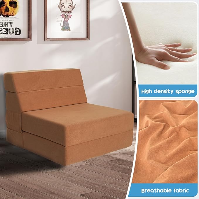 Folding Sofa Bed 4 in 1 Convertible Sleeper Chair with Washable Cover Memory Foam Fold Out Chair Bed Foldable Mattress with Back Support for Living Room Dorm Guest Room Home Office Coffee Brown