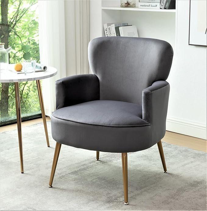 Trendy Velvet Accent Chair with Gold Metal Legs Upholstered Armchair for Small to Mid-Size Spaces Modern Living Room Bedroom Vanity Desk and Entryway Grey