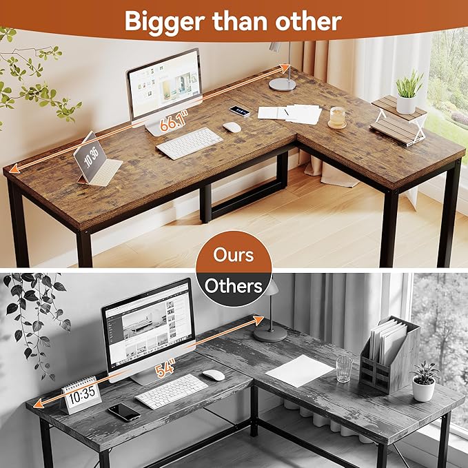 L Shaped Desk 66 Inch Gaming Desk with 1.18 Inch Thicker Desktop Corner Computer Desk Home Office Desk Study Writing Work Desk Metal Frame Rustic Brown