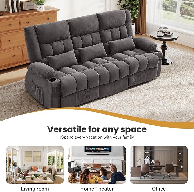 BOSMILLER Reclining Sofa with Cup Holders for Living Room 3 Seat Manual Sofa Recliner with Side Pocket