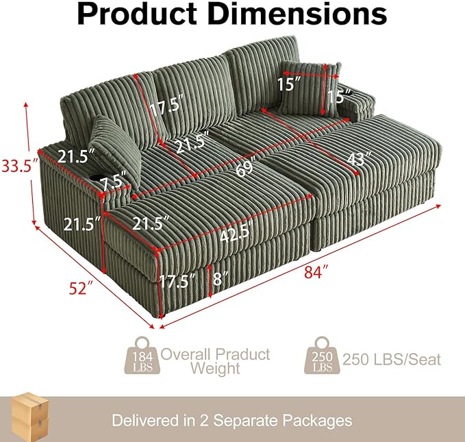 84 Cloud Sectional Couch Plush Corduroy Sofa with 2 Ottoman 2storage Spaces and Cup-Holding 3-Seat Memory Foam Cloud Couch sectional couches for Living Room Apartment (Army Green)