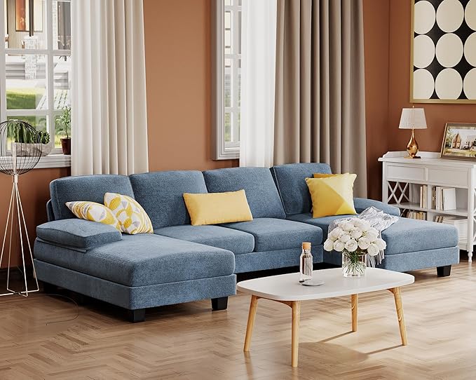 Furmax Sectional Couches for Living Room U-Shaped Sofa Couch with Linen Fabric 4 Seat Sofa Set with Double Chaise for Apartment (Fabric Light Blue)