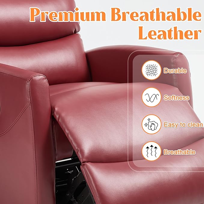 Luxlen Manual Swivel Rocker Recliner Chair with Massage Overstuffed Recliner Glider with Vibration Massage and Heat for Nursery Living Room Reclining Sofa Chair PU Leather Red