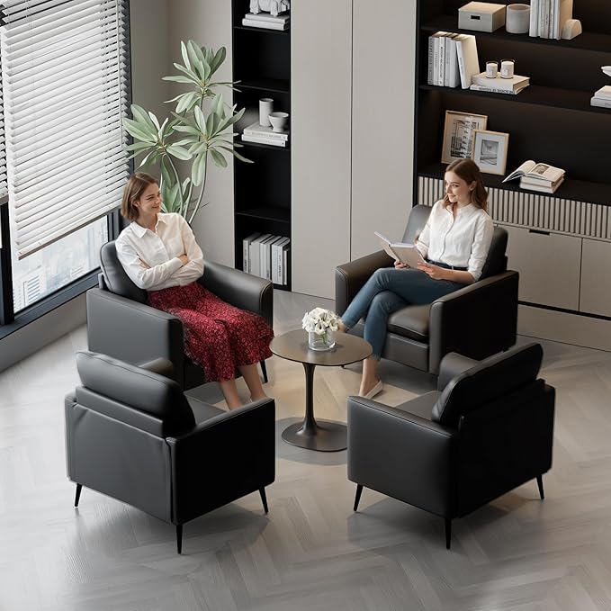 TYBOATLE Accent Chairs Set of 2 Black Leather Accent Chair Comfy Living Room Chair Cozy Reading Sitting Chair Mid Century Modern Accent Chairs Arm Reception Chairs Office Furniture