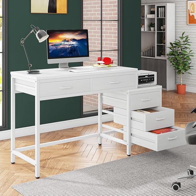 Little Tree Computer Desk with 5 Drawers Home Office Desks with Reversible File Drawer Cabinet Printer Stand