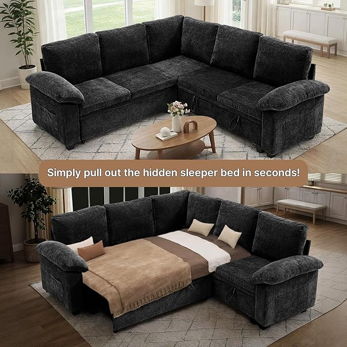 85 Modular Sectional Sofa Bed with Storage L Shaped Pull-Out Sleeper Sofa Removable Chenille Sofa Cover for Living Room (Black 5 Seat) | Modular Sectional Removable Cover Built-In Storage Hidde