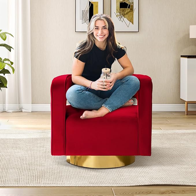 TINA'S HOME Swivel Accent Barrel Chair Modern Velvet Armchair with 3D Curved Open Back &amp Swivel Gold Metal Base Upholstered Club Chair for Living Room Bedroom Nursery Red(No Assembly Required)
