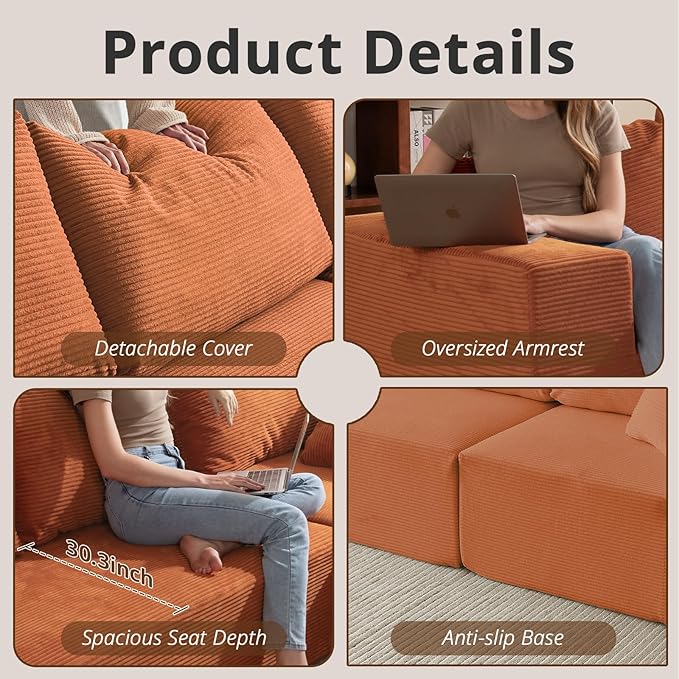 108 L-Shaped Boneless Couch High Seat Modular Sectional Sofa with Moveable Ottoman Corduroy Cloud Couches for Living Room No Assembly Ship in a Box Orange