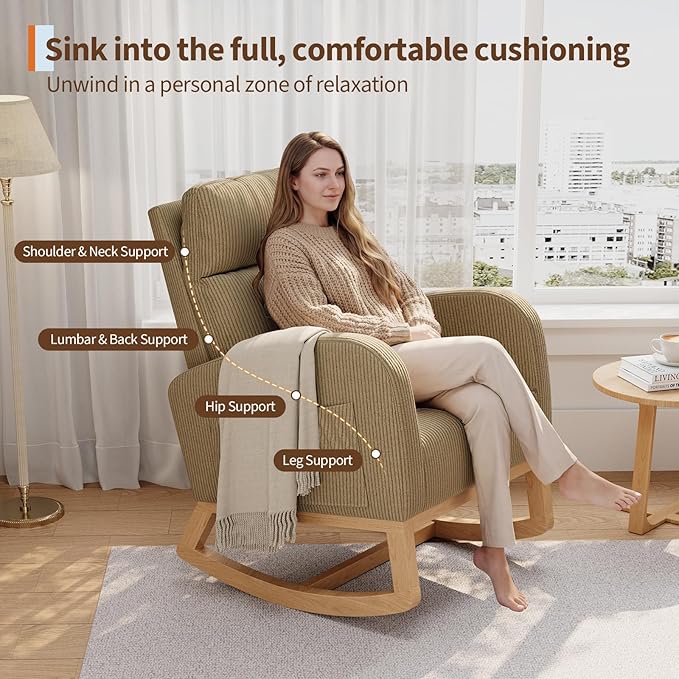 GarveeHome Corduroy Rocking Chair Modern Nursery Glider Chair with Side Pockets and Pillow Rocker Chair for Living Room Bedroom Nursing Room Brown