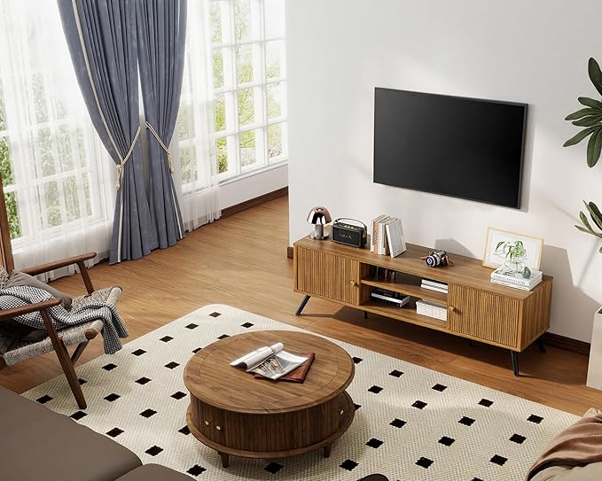 COMHOMA TV Stand for Living Room Mid Century Modern Entertainment Center for 55/60/65 Inch TVs Retro Brown TV Console with Fluted Door Cabinets and Open Adjustable Shelve Storage for Bedroom (59In)