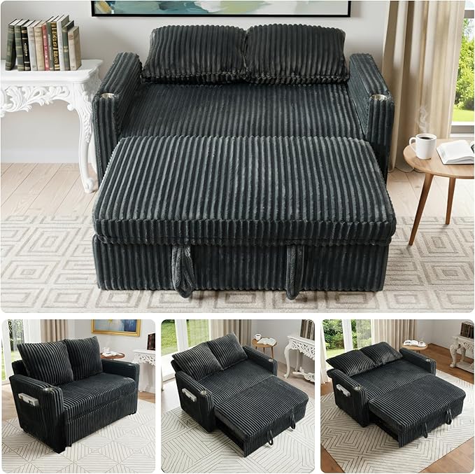 3 in 1 Convertible Sleeper Sofa Bed 53'' Pull Out Couch with Adjustment Backrest Corduroy Loveseat with Side Pockets USB Port for Living Room Bedroom Apartment Gray