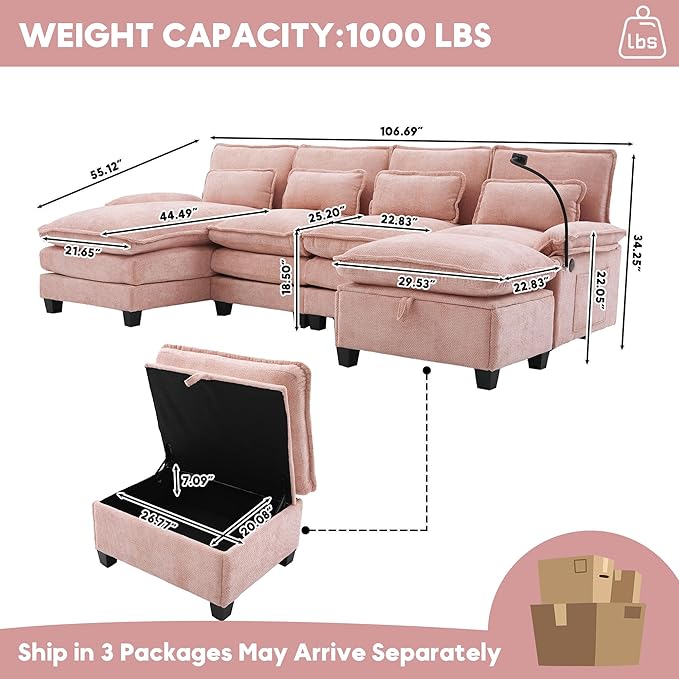 U Shape Modern Modular Sectional Sofa Cloud Couch with Storage Ottoman 4-Seat Upholstery Chenille Deep Seat Sofa with Charging Port for Living Room Pink
