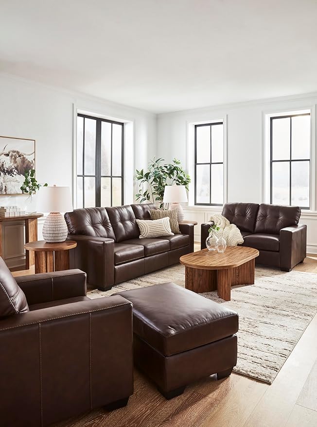 Signature Design by Ashley Santorine Classic Leather Match Rectangular Ottoman for Living Room Dark Brown