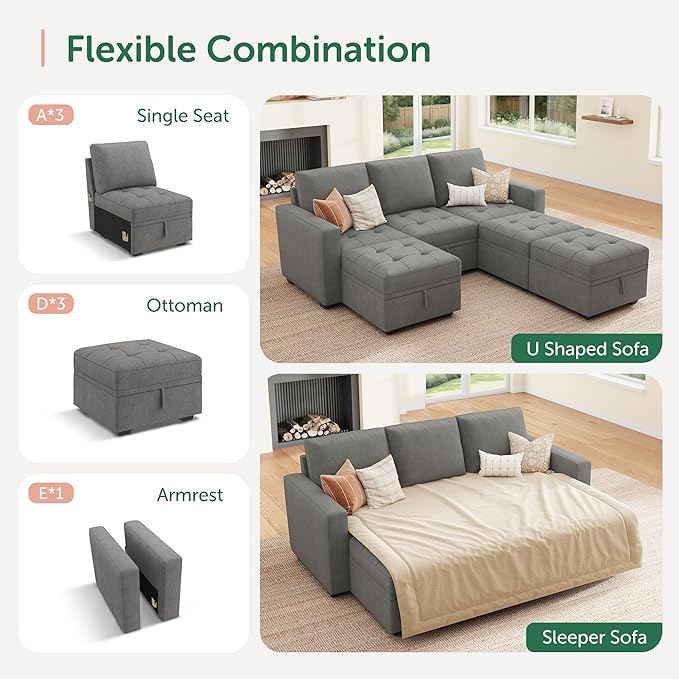 HONBAY Modular Sectional Couch Sleeper Sofa Bed with Storage Seats Oversized Sectional Couches for Living RoomWarm Grey