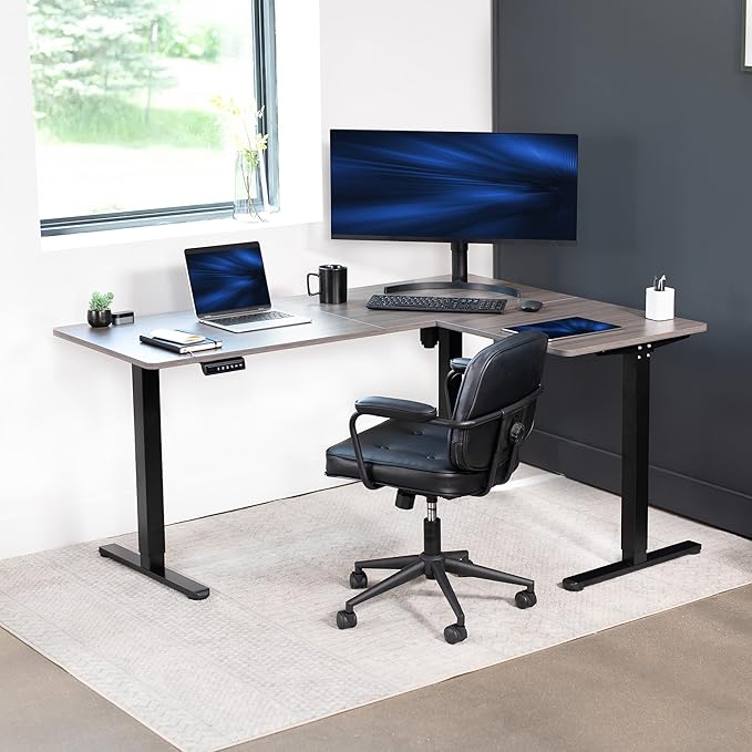 VIVO Corner Standing Desk 63 x 47 inch Reversible L-Shaped Workstation Electric Height Adjustment Home Office and Reception Rooms Dark Gray Table Top Black Frame DESK-E3CTG-47