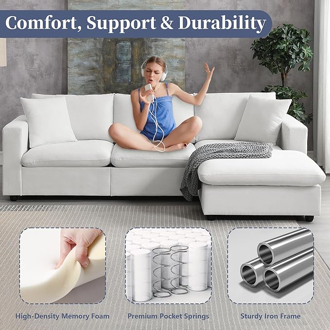 100.4 Modular Sectional Sofa Cloud Couch for Living Room Modern Convertible L Shaped Couch Set with Ottoman 4 Seater Polyester Fabric Sofa with 2 Pillows for Apartment Office (White)