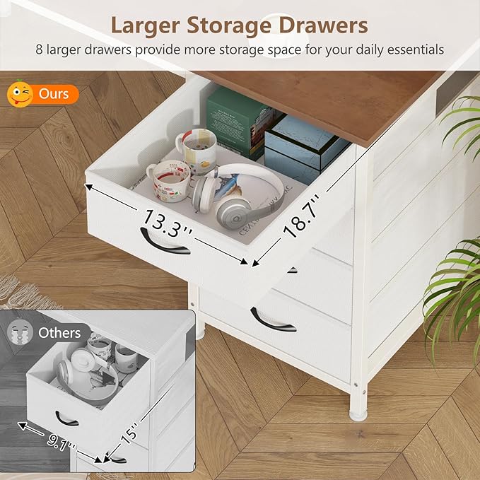 60 Inch Computer Desk with 8 Drawers Home Office Desk with Power Outlets Work Study Gaming Desk with 8 Fabric Drawers Brown and White