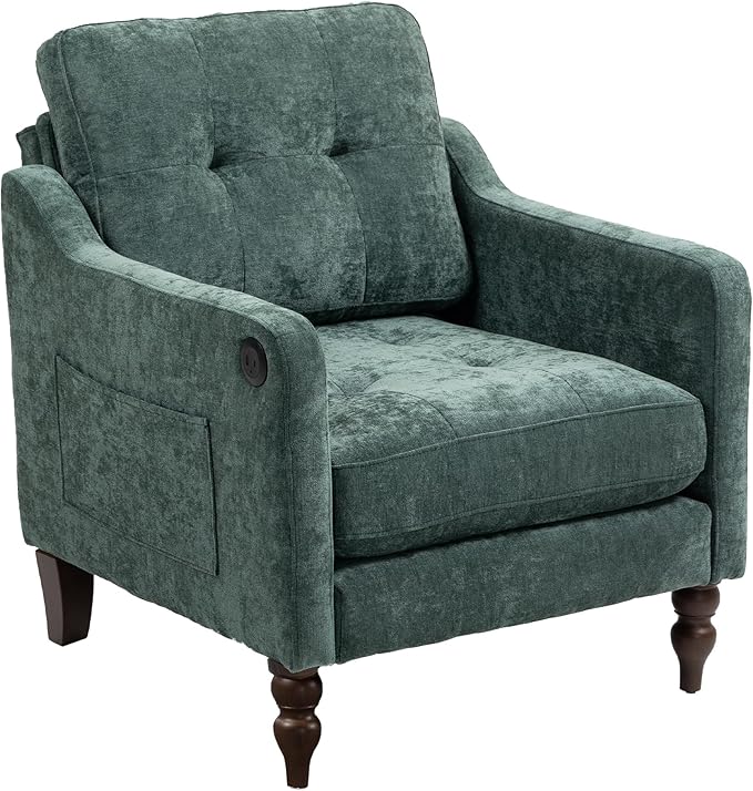 Accent Chair for Living Room Mid-Century Armchairs for Small Spaces Chenille Upholstered Comfy Reading Armchair with Studded for Bedroom (Dark Green-B)