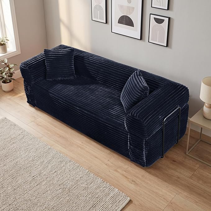 83'' Boneless Couch in A Box No Assembly Needed Sofa Bed Couch 3 Seater Corduroy Modern Cloud Sofa 29'' Deep Seat with 2 Pillows &amp Removable Backrest for Living Room Bedroom Apartment Navy Blu